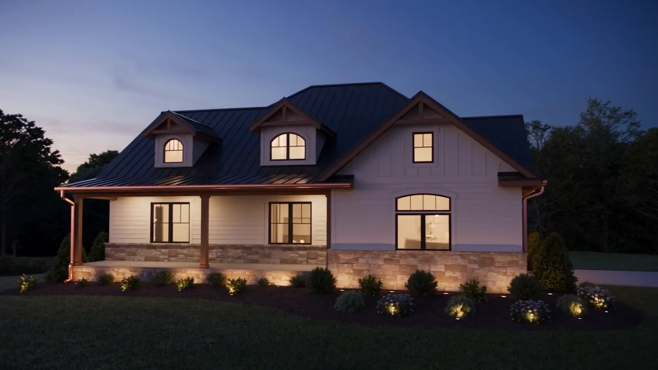 Illustrative home with a standing-seam metal roof at twilight